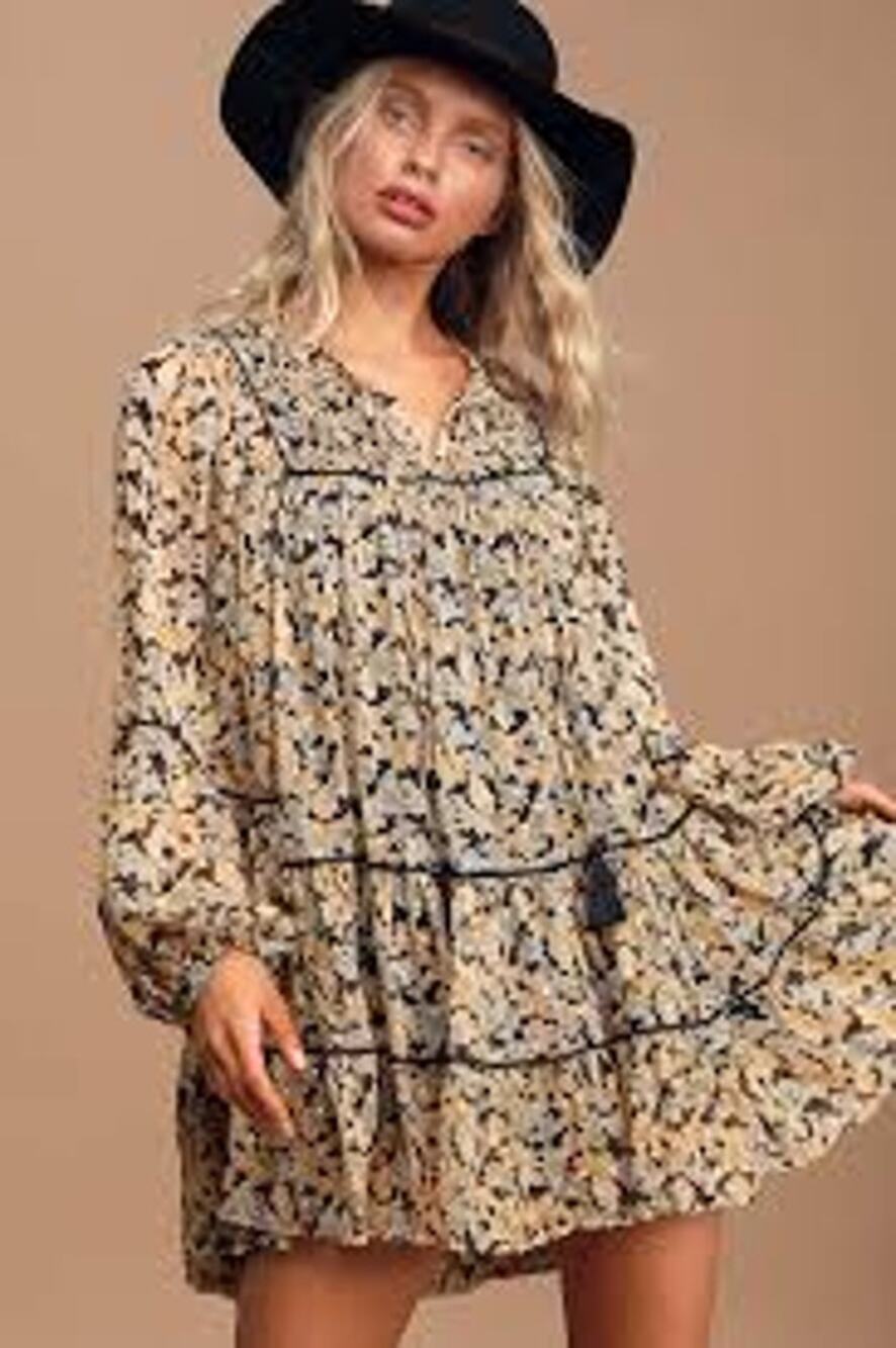 Free People Free Swinging Mini Dress Small Floral Boho Tassel Tiered